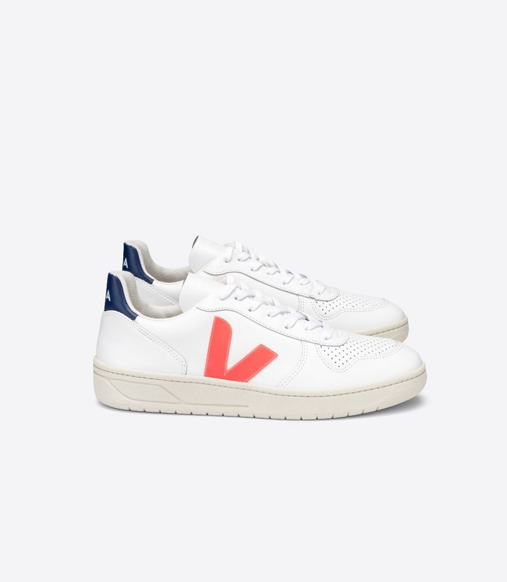 Veja Trainers Mens White/Orange - V-10 Leather - ZGNR-31975